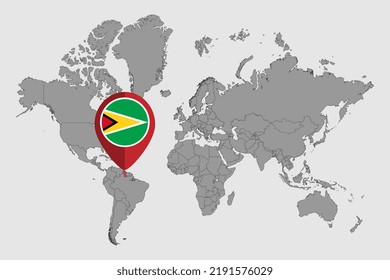 Mapa con la bandera de Guyana en el mapa del mundo. Ilustración vectorial.