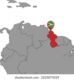 Pin-Karte mit Guyana-Flagge auf der Weltkarte. Vektorgrafik.