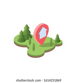 Pin map house Nature reserve forest park, recreation, plot of land. Vector 3d isometric, color web icon, new flat style. Creative illustration design, idea for infographics.