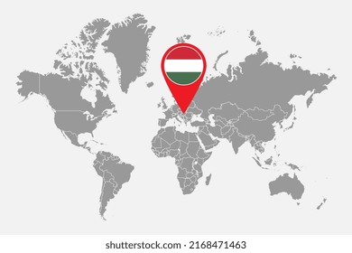 Pin map with Hungary flag on world map. Vector illustration.