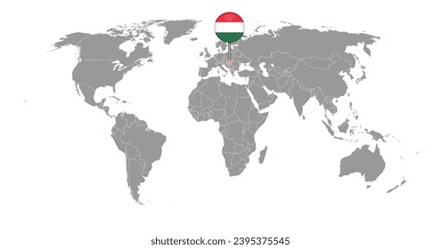 Pin map with Hungary flag on world map. Vector illustration.