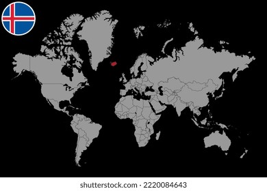 Pin map with Iceland flag on world map. Vector illustration.