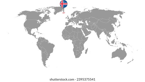 Pin map with Iceland flag on world map. Vector illustration.