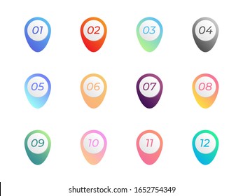 Pin map icon direction colorful number bullet points from 1 to 12. Simple vector