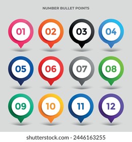 Pin map icon direction colorful number bullet points from 1 to 12. Simple vector. Images produced without the use of any form of AI. software