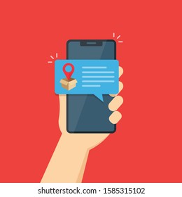 pin map icon in the speech bubble.parcel location icon .opened cardboard box. delivery.message in a speech bubble on a smartphone screen.stock vector illustration isolated on red background.