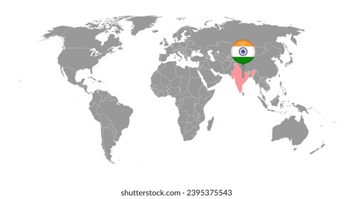 Pin map with India flag on world map.Vector illustration.