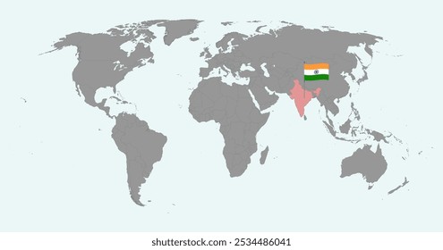 Mapa do pino com a bandeira da Índia no mapa do mundo. Ilustração vetorial.