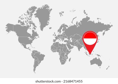 Pin map with Indonesia flag on world map. Vector illustration.