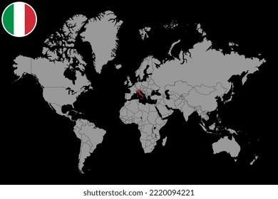 Mapa de pines con la bandera italiana en el mapa del mundo.Ilustración vectorial.