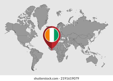 Pin map with Ivory Coast flag on world map. Vector illustration.