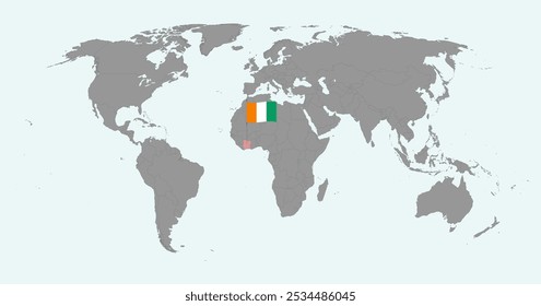 Pin map with Ivory Coast flag on world map. Vector illustration.