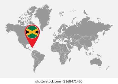 Pin map with Jamaica flag on world map. Vector illustration.