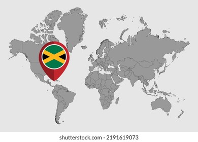 Pin map with Jamaica flag on world map. Vector illustration.