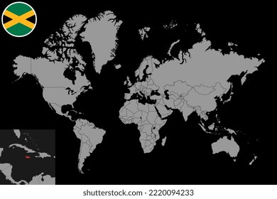 Mapa de pines con la bandera de Jamaica en el mapa del mundo. Ilustración vectorial.