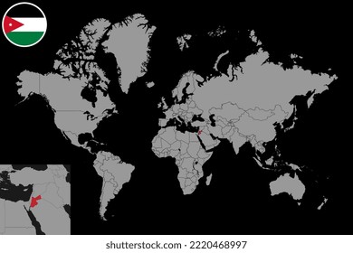 Mapa de pines con la bandera de Jordania en el mapa del mundo. Ilustración vectorial.