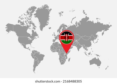 Pin map with Kenya flag on world map. Vector illustration.