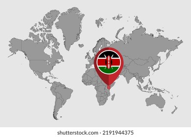 Mapa con la bandera de Kenia en el mapa del mundo. Ilustración vectorial.