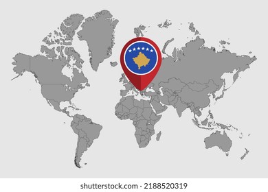 Pin map with Kosovo flag on world map. Vector illustration.