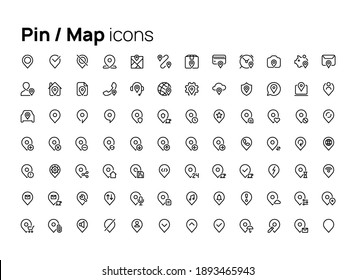 Pin-Map-Etiketten. Hochwertige Konzepte linearer minimalistischer flacher Vektorsymbole für Webseiten, Schnittstelle von mobilen Anwendungen und Design von gedruckten Produkten.