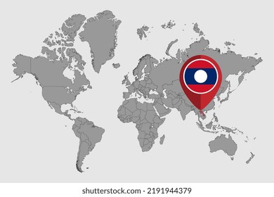 Pin map with Laos flag on world map. Vector illustration.