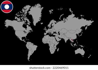 Pin map with Laos flag on world map. Vector illustration.