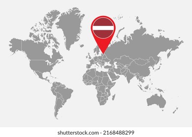 Pin map with Latvia flag on world map. Vector illustration.