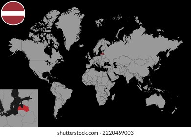 Pin map with Latvia flag on world map. Vector illustration.