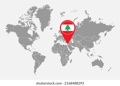 Mapa con la bandera del Líbano en el mapa del mundo. Ilustración vectorial.
