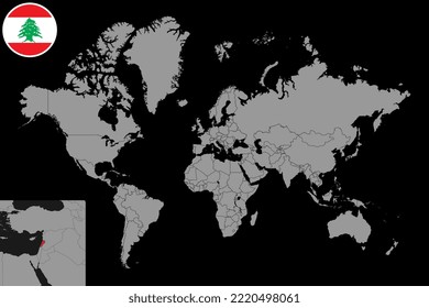 Pin map with Lebanon flag on world map. Vector illustration.