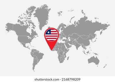 Pin map with Liberia flag on world map. Vector illustration.