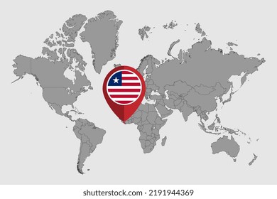 Mapa con la bandera de Liberia en el mapa del mundo. Ilustración vectorial.