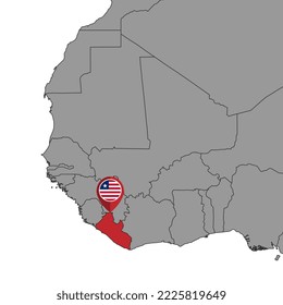 Pin map with Liberia flag on world map. Vector illustration.