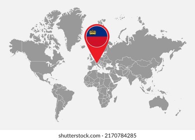 Pin map with Liechtenstein flag on world map. Vector illustration.
