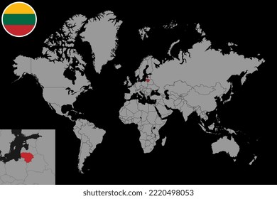 Pin map with Lithuania flag on world map. Vector illustration.