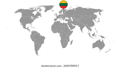 Pin map with Lithuania flag on world map. Vector illustration.
