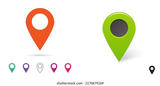 Pin map locate icon marker vector or flat and 3d position destination gps point graphic, place location information for navigation locator set, modern here indicator direction, target route pushpin