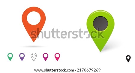 Pin map locate icon marker vector or flat and 3d position destination gps point graphic, place location information for navigation locator set, modern here indicator direction, target route pushpin