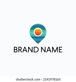 pin map location with abstract wave with sunset logo symbol icon vector design illustration