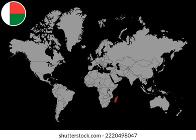 Pin map with Madagascar flag on world map. Vector illustration.