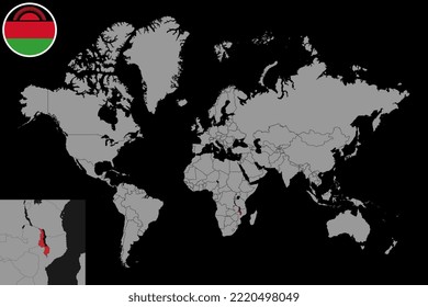 Pin map with Malawi flag on world map. Vector illustration.