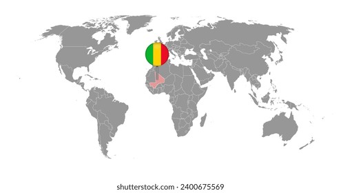 Pin map with Mali flag on world map. Vector illustration.