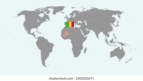 Pin mapa con la bandera de Malí en el mapa mundial. Ilustración vectorial.