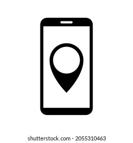 Pin map marker pointer icon on phone screen, GPS location app flat symbol sign – stock vector