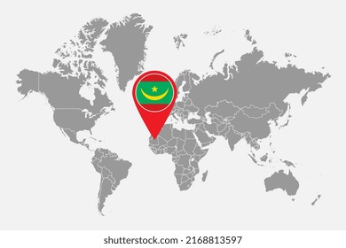 Mapa de pines con la bandera de Mauritania en el mapa mundial. Ilustración vectorial.