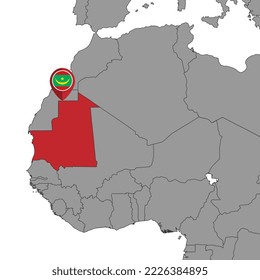 Pin map with Mauritania flag on world map. Vector illustration.