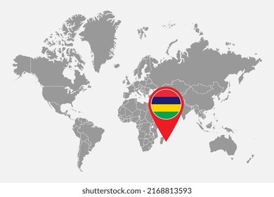 Pin map with Mauritius flag on world map. Vector illustration.