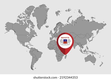 Pin map with Mayotte flag on world map. Vector illustration.