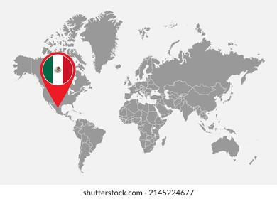 Pin map with Mexico flag on world map.Vector illustration.