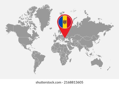 Pin map with Moldova flag on world map. Vector illustration.